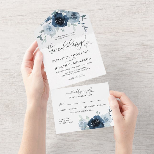 Dusty Blue Navy Slate Floral Wedding Details RSVP  All In One Invitation (Tearaway)