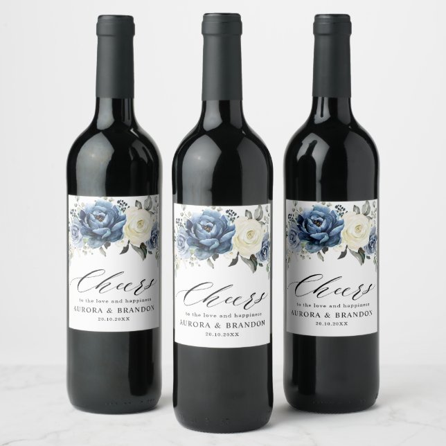 Dusty Blue Navy Sparkling Wine Ivory Floral Weddin Wine Label (Bottles)