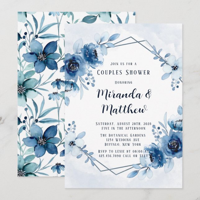 Dusty Blue Navy Watercolor Floral Couples Shower Invitation (Front/Back)