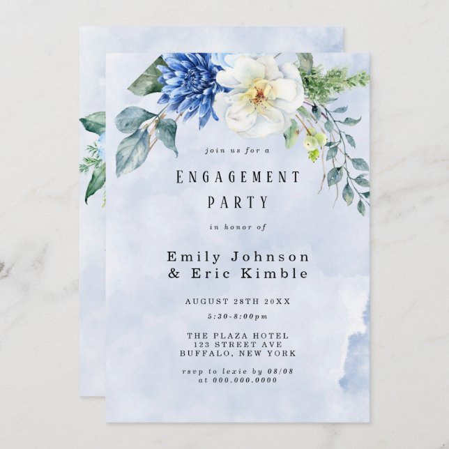 Dusty Blue Navy Watercolor Floral Engagement Party Invitation (Front/Back)