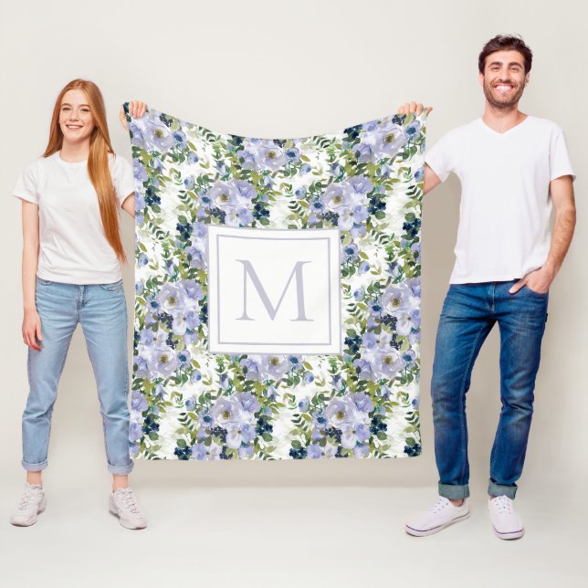 Dusty Blue Navy Watercolor Floral Monogram Fleece Blanket (In Situ)