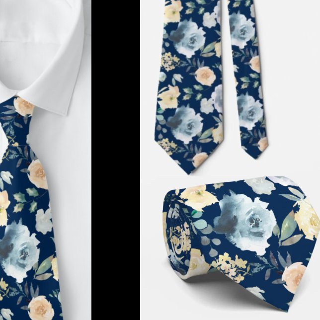Dusty Blue Navy Watercolor Floral Roses Neck Tie (Creator Uploaded)