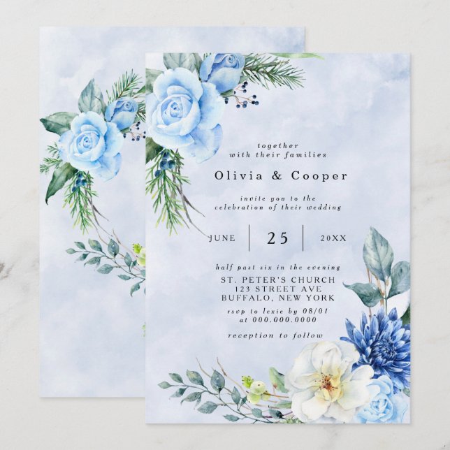 Dusty Blue Navy Watercolor Floral Wedding Invitation (Front/Back)