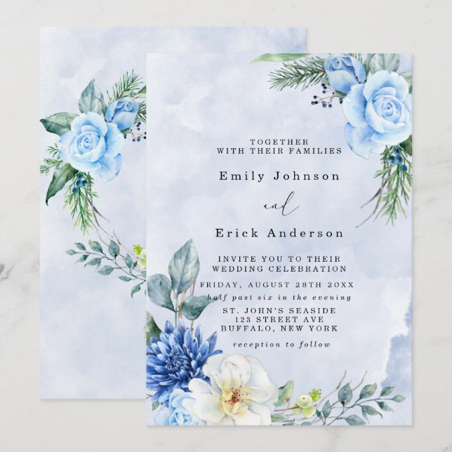 Dusty Blue Navy Watercolor Peonies Wedding Invitation (Front/Back)