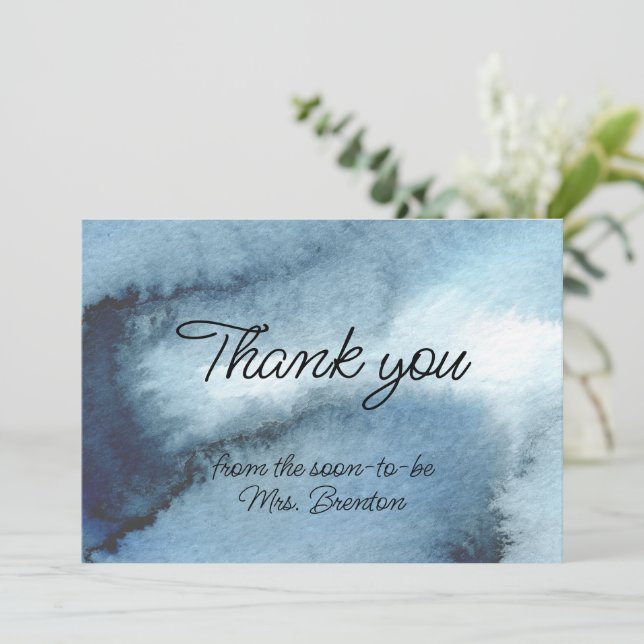 Dusty blue navy watercolor thank you card (Standing Front)