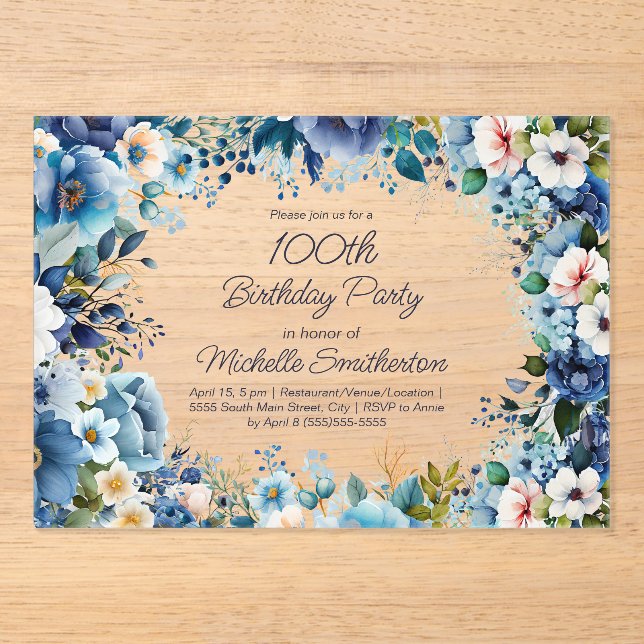 Dusty Blue Navy White Floral 100th Birthday  Acrylic Invitations (Front)