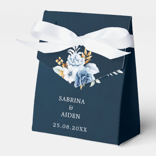 Dusty Blue Navy White Gold Floral Wedding  Favour Box (Front Side)