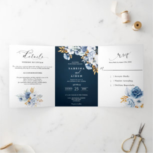 Dusty Blue Navy White Gold Floral Wedding  Tri-Fold Announcement