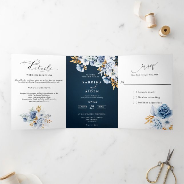 Dusty Blue Navy White Gold Floral Wedding  Tri-Fold Announcement (Inside)