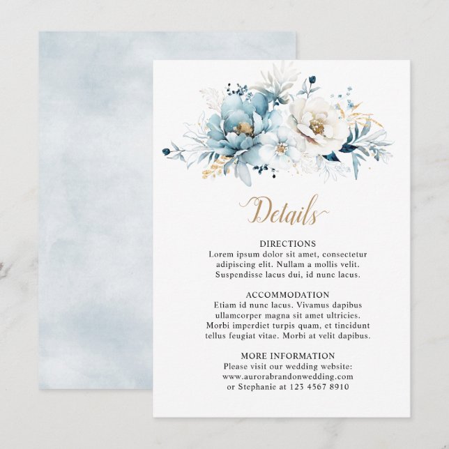 Dusty Blue Navy White Ivory Gold Floral Wedding  Enclosure Card (Front/Back)