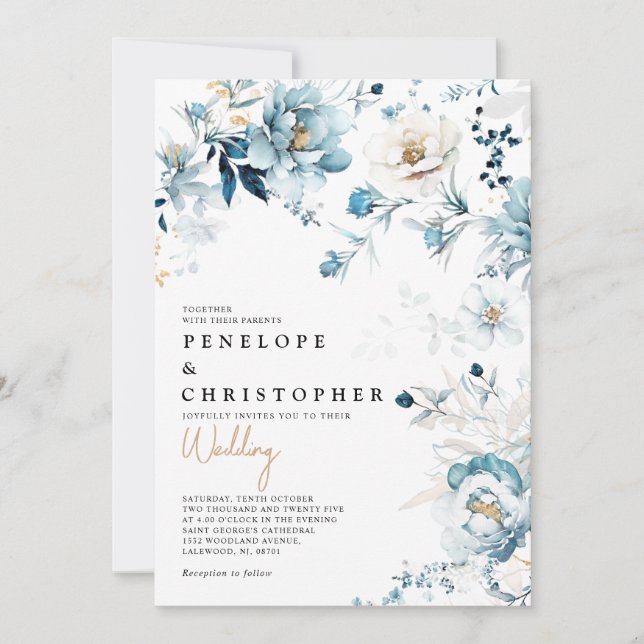 Dusty Blue Navy White Ivory Gold Floral Wedding In Invitation (Front)