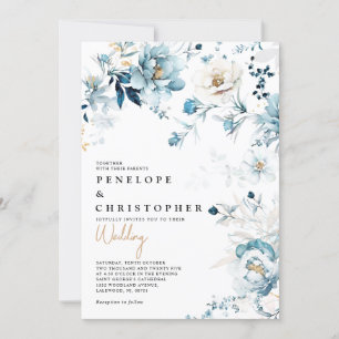 Dusty Blue Navy White Ivory Gold Floral Wedding In Invitation