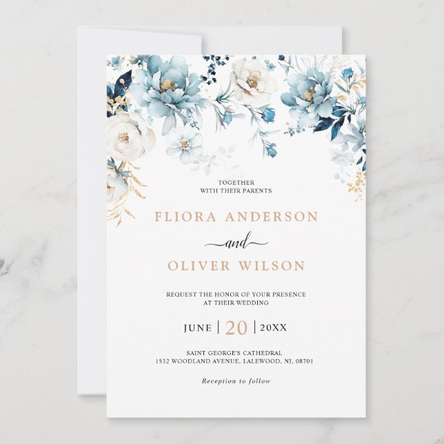 Dusty Blue Navy White Ivory Gold Floral Wedding Invitation (Front)
