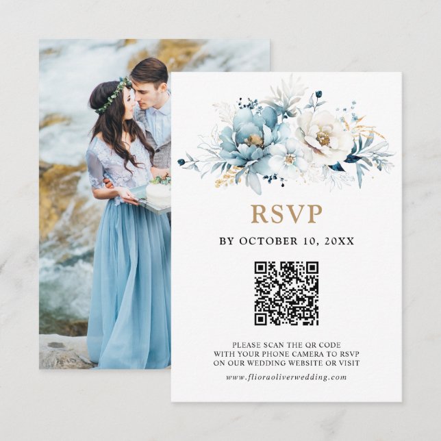 Dusty Blue Navy White Ivory Gold Floral Wedding RS RSVP Card (Front/Back)