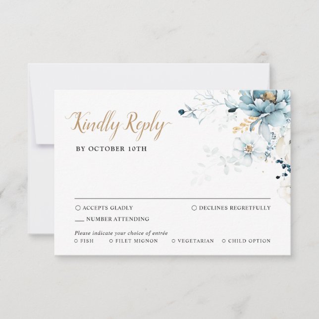 Dusty Blue Navy White Ivory Gold Floral Wedding RS RSVP Card (Front)
