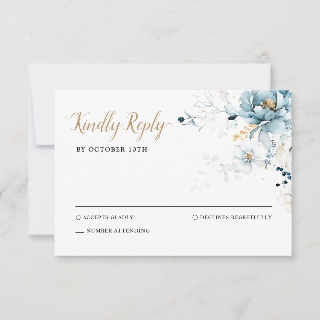 Dusty Blue Navy White Ivory Gold Floral Wedding RSVP Card (Front)