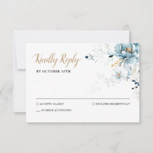 Dusty Blue Navy White Ivory Gold Floral Wedding RSVP Card