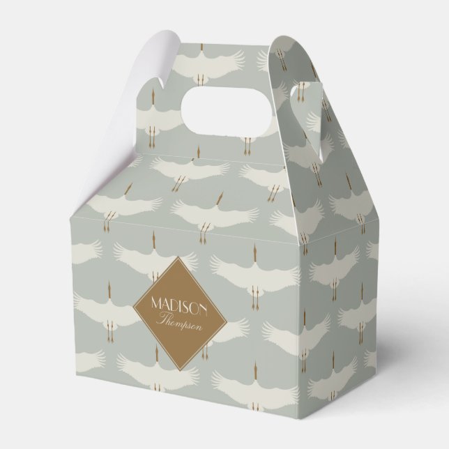 Dusty Blue Neutral Birds Cranes Art Deco Monogram Favour Box (Front Side)