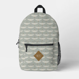 Dusty Blue Neutral Birds Cranes Art Deco Monogram Printed Backpack