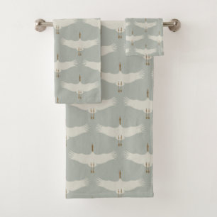 Dusty Blue Neutral Birds Cranes Art Deco Pattern  Bath Towel Set