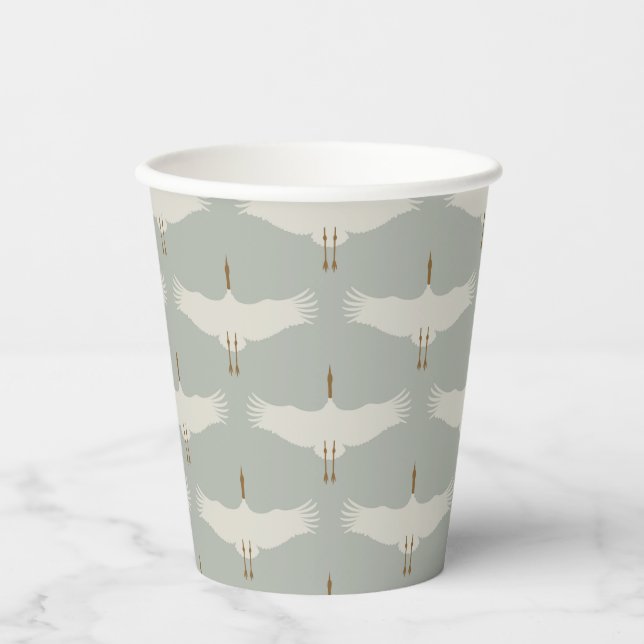 Dusty Blue Neutral Birds Cranes Art Deco Pattern  Paper Cups (Front)