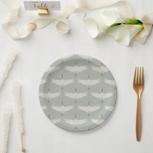 Dusty Blue Neutral Birds Cranes Art Deco Pattern  Paper Plate (Wedding)