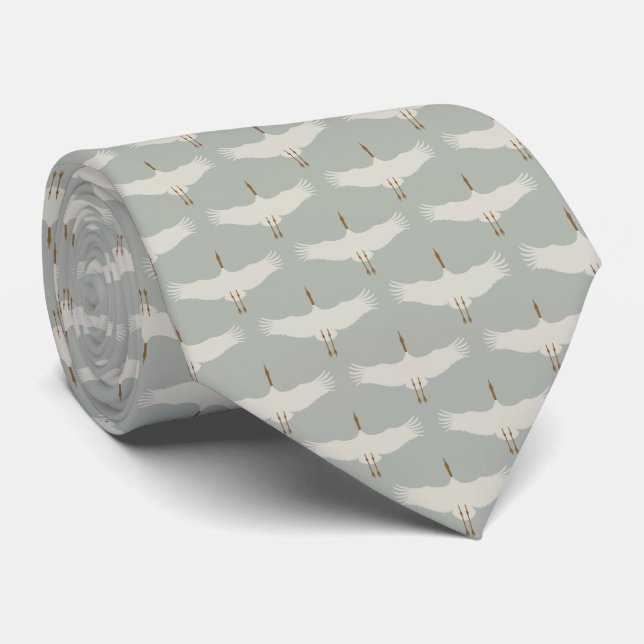 Dusty Blue Neutral Birds Cranes Art Deco Pattern  Tie (Rolled)