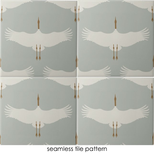 Dusty Blue Neutral Birds Cranes Art Deco Pattern  Tile (Dusty Blue Neutral Birds Cranes Art Deco Pattern Ceramic Tile)