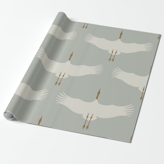 Dusty Blue Neutral Birds Cranes Art Deco Pattern  Wrapping Paper (Unrolled)