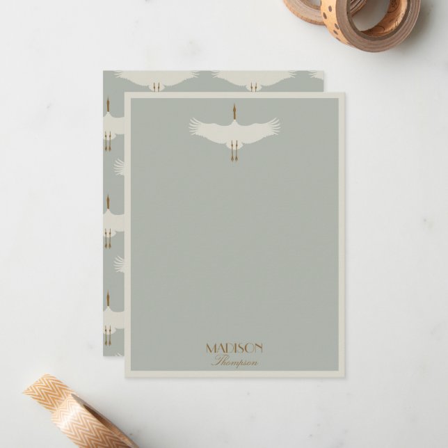 Dusty Blue Neutral Birds Swans Art Deco Monogram Card (Front/Back In Situ)