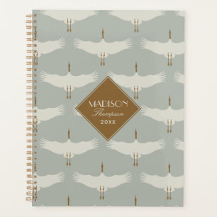 Dusty Blue Neutral Birds Swans Art Deco Monogram Planner