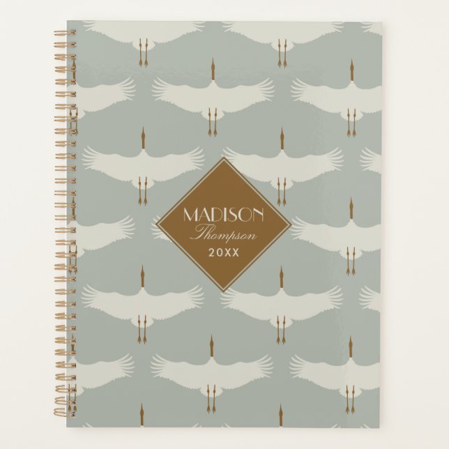 Dusty Blue Neutral Birds Swans Art Deco Monogram Planner (Front)