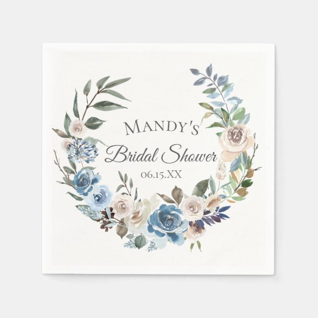 Dusty Blue Neutral Floral Wreath Personalised Napkin (Front)