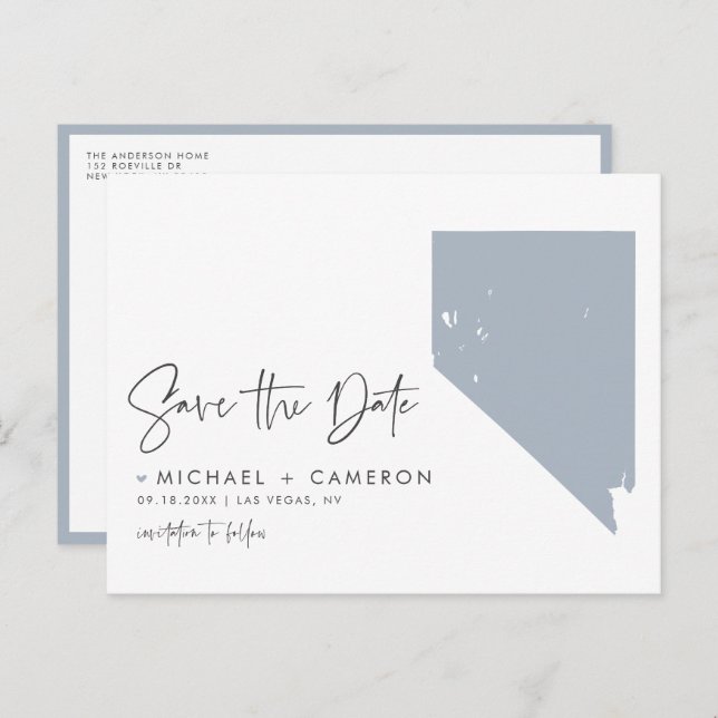 Dusty Blue Nevada State Map QR Code Save the Date Announcement Postcard (Front/Back)