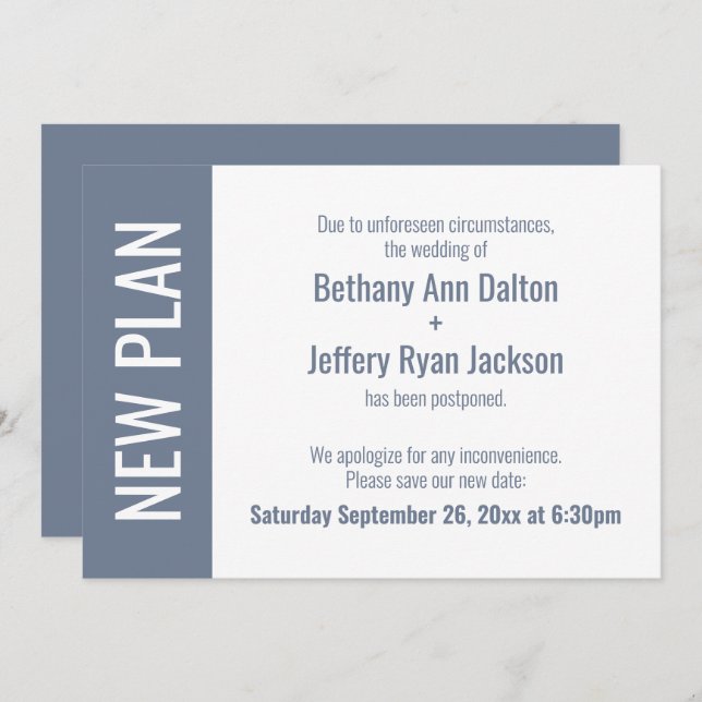 Dusty Blue New Plan, Postponed Wedding Card (Front/Back)