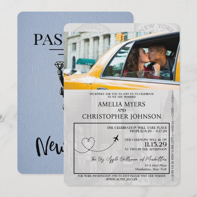Dusty Blue New York City Passport Wedding Invitation (Front/Back)