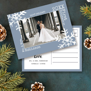 Dusty Blue Newlywed 1st Christmas Photo Snowflake Holiday Postcard