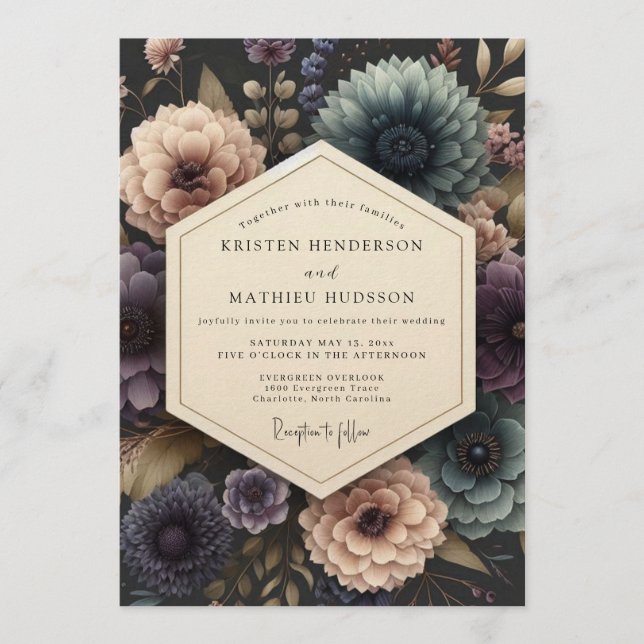 Dusty Blue Nocturnal Floral Wedding Invitation (Front)