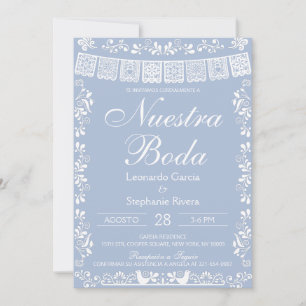 Dusty Blue Nuestra Boda Papel Picado Wedding Invitation