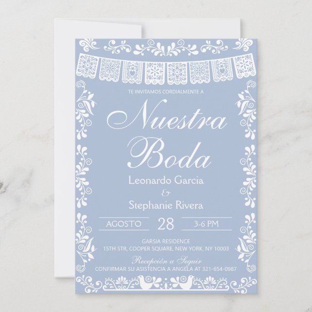 Dusty Blue Nuestra Boda Papel Picado Wedding Invitation (Front)