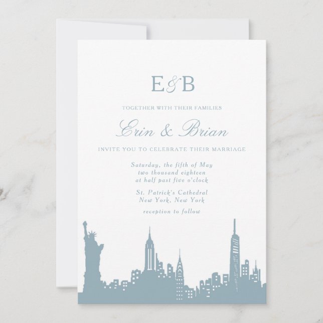 Dusty Blue NYC skyline urban wedding invitation (Front)