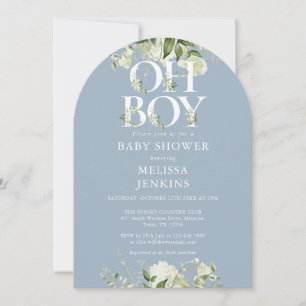 Dusty Blue Oh Boy Botanical Greenery Baby Shower Invitation