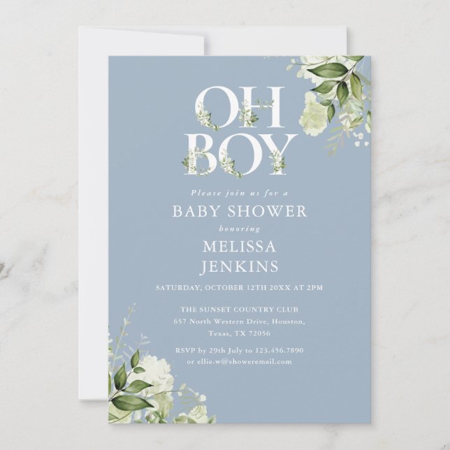Dusty Blue Oh Boy Greenery All In One Baby Shower Invitation (Front)