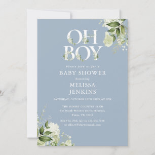 Dusty Blue Oh Boy Greenery All In One Baby Shower Invitation