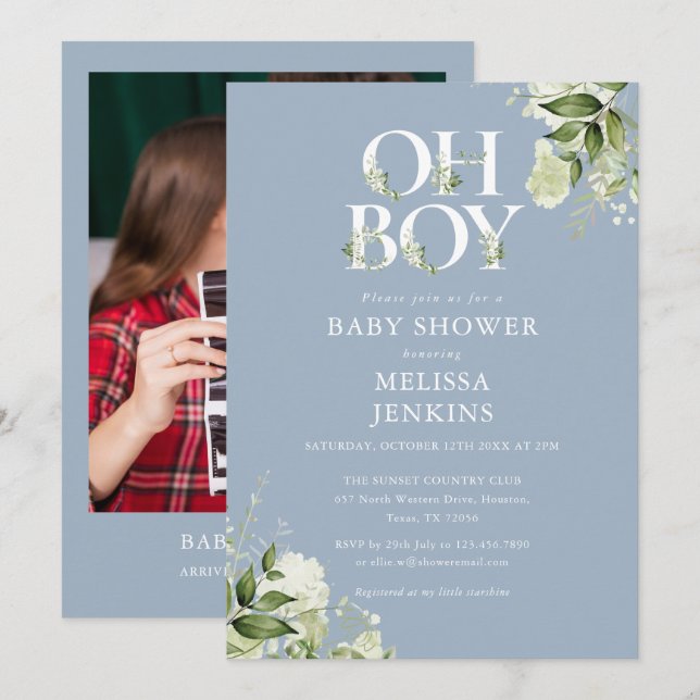 Dusty Blue Oh Boy Greenery Photo Baby Shower Invitation (Front/Back)