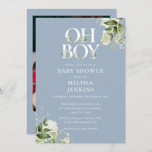 Dusty Blue Oh Boy Greenery Photo Baby Shower Invitation