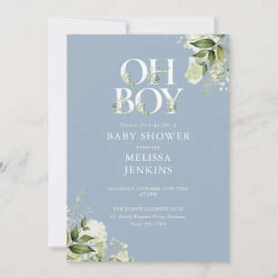 Dusty Blue Oh Boy Greenery QR Code Baby Shower Invitation