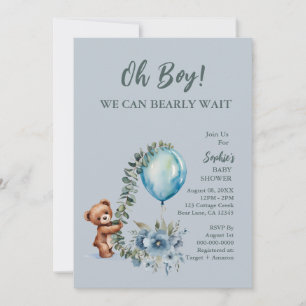 Dusty Blue Oh Boy We Can Bearly Wait Baby Shower  Invitation