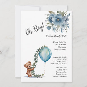 Dusty Blue Oh Boy We Can Bearly Wait Baby Shower Invitation