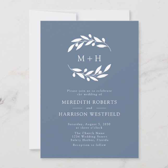 Dusty Blue Olive Branch Monogram Wreath Wedding Invitation (Front)